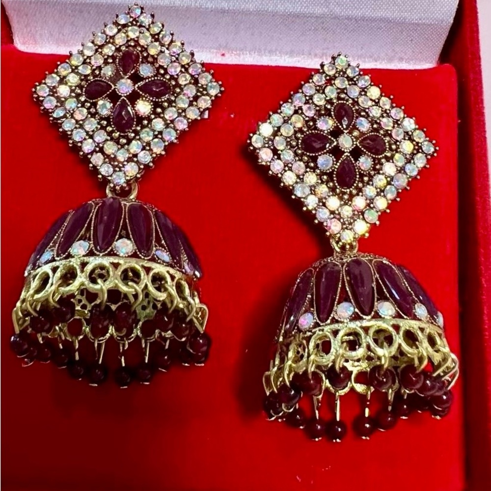 Gold and Purple Jhumka Earrings with Crystal Accents - Women Jewelry